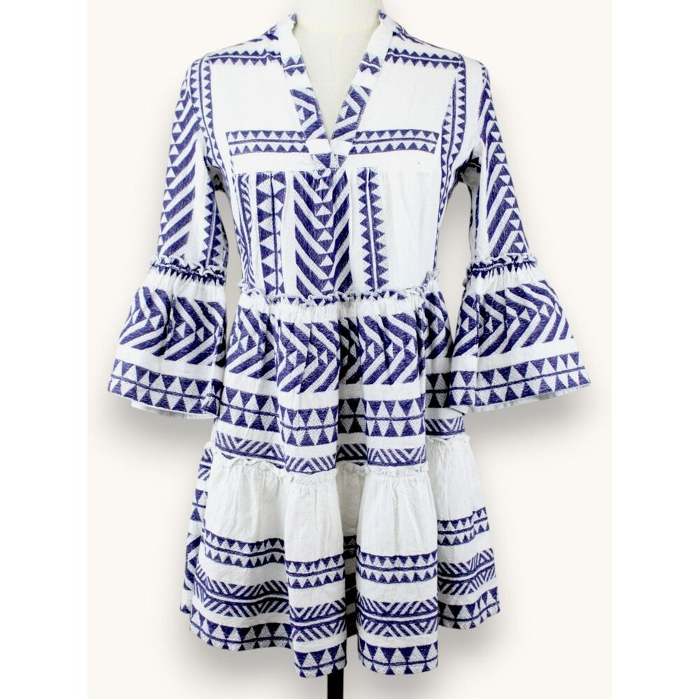 Mi Ami Boho Maxi Dress 100% Cotton White Navy Geometric Jacquard Tiered XS